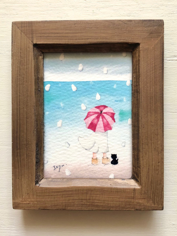 「海を見ていた雨の日」水彩画イラスト　ミニ額　プチギフト  母の日　父の日　猫　ネコ　傘 4枚目の画像