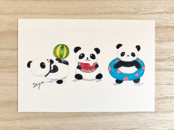 3枚セット「パンダの夏休み」水彩画イラストポストカード　暑中見舞い　暑中見舞いハガキ　スイカ　夏　残暑見舞い 1枚目の画像