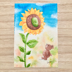 3枚セット「大きなひまわり」水彩画イラストポストカード　ヒマワリ　暑中見舞い　夏　残暑見舞い　クマ　くま　花　フラワー 1枚目の画像