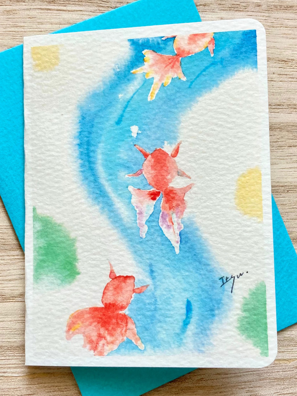 2枚セット「涼やかな金魚たち」水彩画イラスト　ミニカード　バースデーカード　メッセージカード　暑中見舞い　縁起物　父の日 2枚目の画像