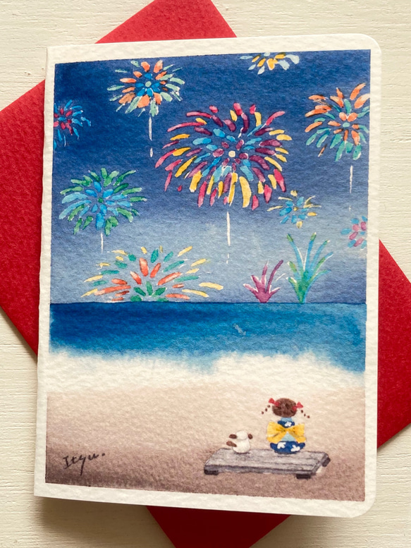 2枚セット「海辺の水中花火」水彩画イラスト　ミニカード　海　犬　バースデーカード　メッセージカード　暑中見舞い 2枚目の画像