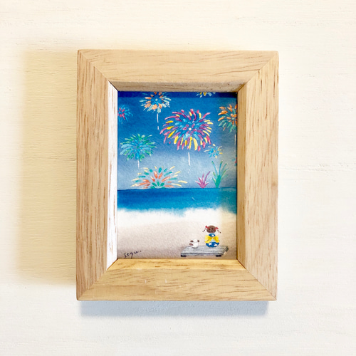 海辺の水中花火」水彩画イラスト ミニ額 プチギフト 夏ギフト 犬 父の