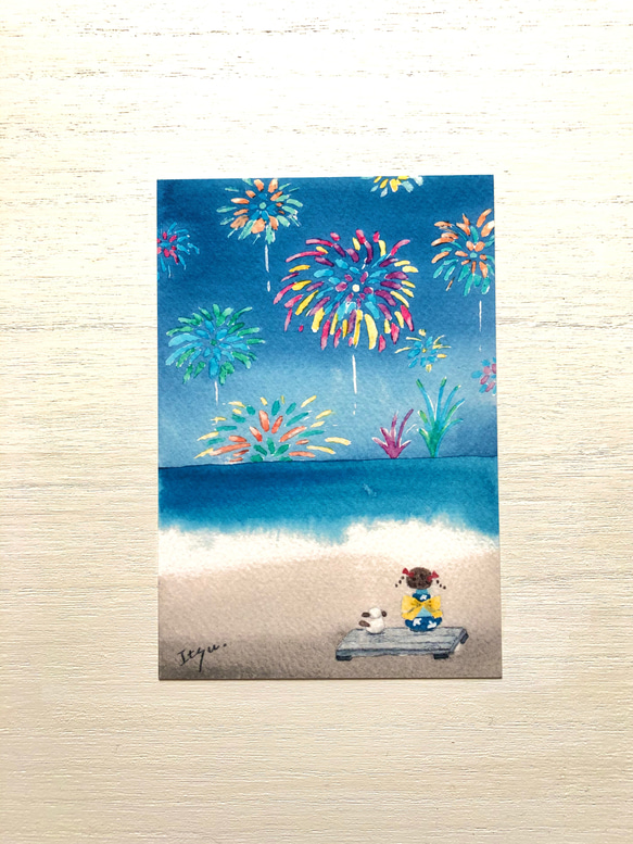 3枚セット「海辺の水中花火」水彩画イラストポストカード　暑中見舞い　残暑見舞い　海　犬　夏 1枚目の画像