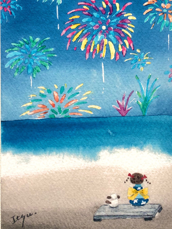 3枚セット「海辺の水中花火」水彩画イラストポストカード　暑中見舞い　残暑見舞い　海　犬　夏 3枚目の画像