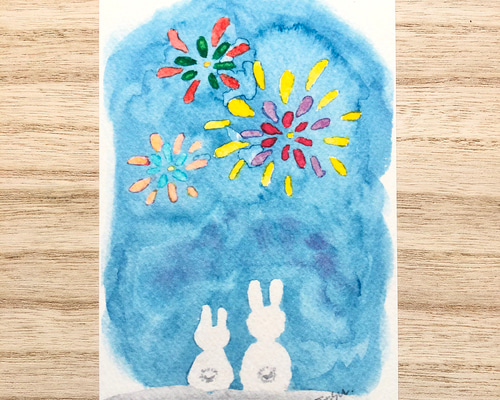 3枚セット「花火に酔いしれるうさぎたち」水彩画イラストポストカード