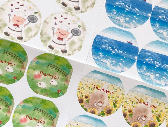 夏の水彩画シール」48枚丸シール 暑中見舞い 残暑見舞い ブタ 海