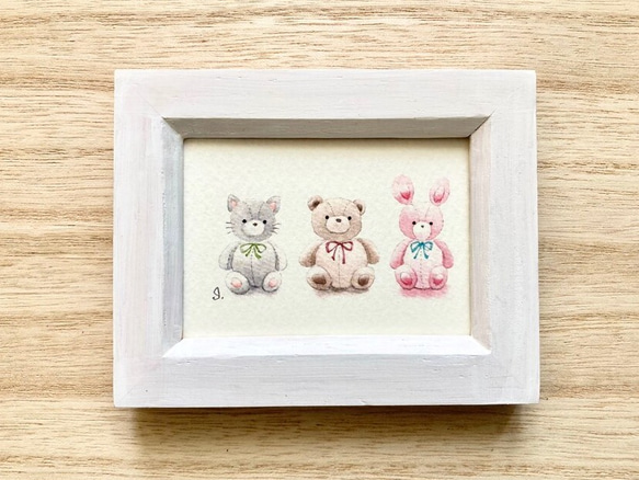 大切なぬいぐるみ」北欧水彩画イラスト ミニ額 プチギフト 出産祝い 父