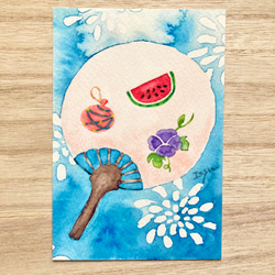 3枚セット「うちわ」水彩画イラストポストカード 花火 祭り スイカ