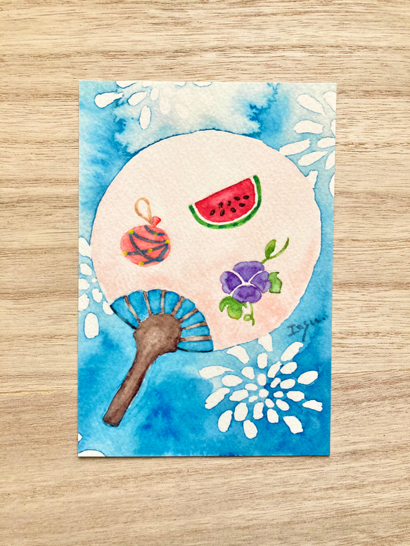 3枚セット「うちわ」水彩画イラストポストカード　花火　祭り　スイカ　暑中見舞い　夏　残暑見舞い 1枚目の画像