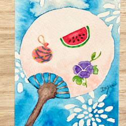 3枚セット「うちわ」水彩画イラストポストカード　花火　祭り　スイカ　暑中見舞い　夏　残暑見舞い 3枚目の画像