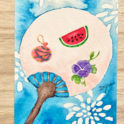3枚セット「うちわ」水彩画イラストポストカード 花火 祭り スイカ