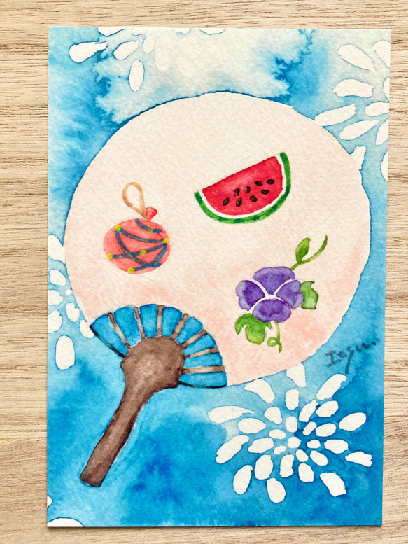 3枚セット「うちわ」水彩画イラストポストカード　花火　祭り　スイカ　暑中見舞い　夏　残暑見舞い 3枚目の画像