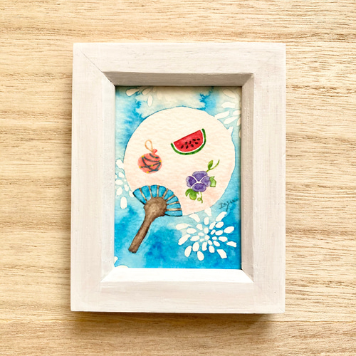 うちわ」水彩画イラスト ミニ額 花火 祭り スイカ 暑中見舞い 父の日