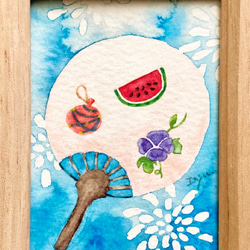 「うちわ」水彩画イラスト　ミニ額　花火　祭り　スイカ　暑中見舞い　父の日 4枚目の画像