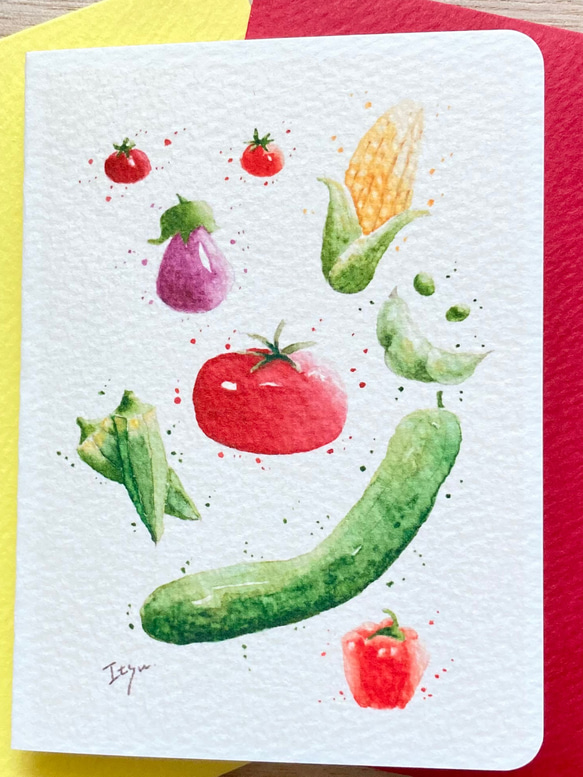 2枚セット「夏野菜」水彩画イラスト　ミニカード　野菜　バースデーカード　メッセージカード　暑中見舞い　残暑見舞い 2枚目の画像