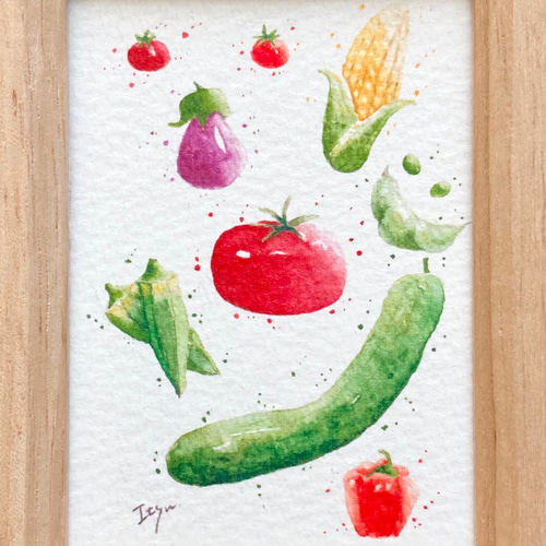 夏野菜」水彩画イラスト ミニ額 野菜 プチギフト トマト キッチン