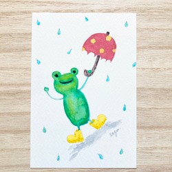 3枚セット「雨大好きカエルくん」水彩画イラストポストカード　梅雨　かえる　メッセージカード　傘 1枚目の画像