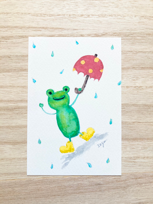 3枚セット「雨大好きカエルくん」水彩画イラストポストカード　梅雨　かえる　メッセージカード　傘 1枚目の画像