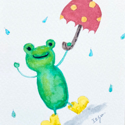 3枚セット「雨大好きカエルくん」水彩画イラストポストカード　梅雨　かえる　メッセージカード　傘 2枚目の画像