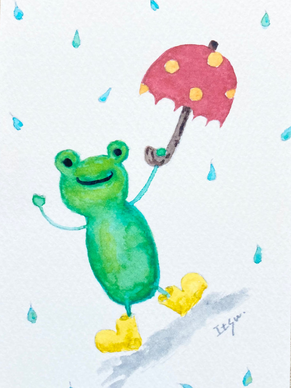 3枚セット「雨大好きカエルくん」水彩画イラストポストカード　梅雨　かえる　メッセージカード　傘 2枚目の画像