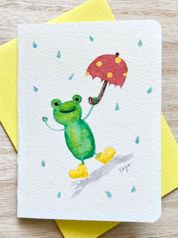 2枚セット「雨大好きカエルくん」水彩画イラスト　ミニカード　かえる　梅雨　バースデーカード　メッセージカード　父の日　 2枚目の画像
