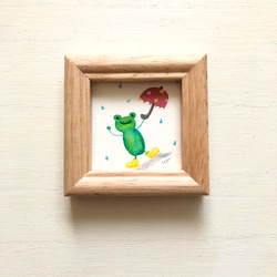 「雨大好きカエルくん」水彩画イラスト　ミニ額　梅雨　かえる　プチギフト  暑中見舞い　父の日 5枚目の画像