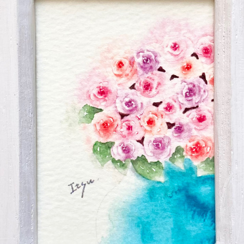 Rose」水彩画イラスト ミニ額 バラ 花 プチギフト 父の日 Rose」水彩画イラスト ミニ額 バラ 花 プチギフト 父の日