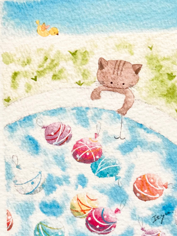 2枚セット「猫ちゃんのヨーヨー釣り」水彩画イラスト　ミニカード　ネコ　ねこ　バースデーカード　メッセージカード 2枚目の画像