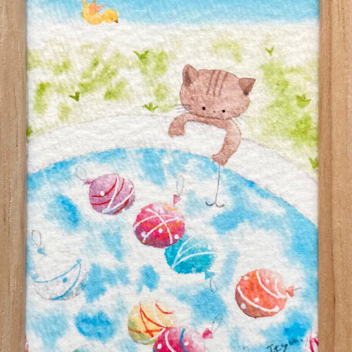 猫ちゃんのヨーヨー釣り」水彩画イラスト ミニ額 プチギフト 夏