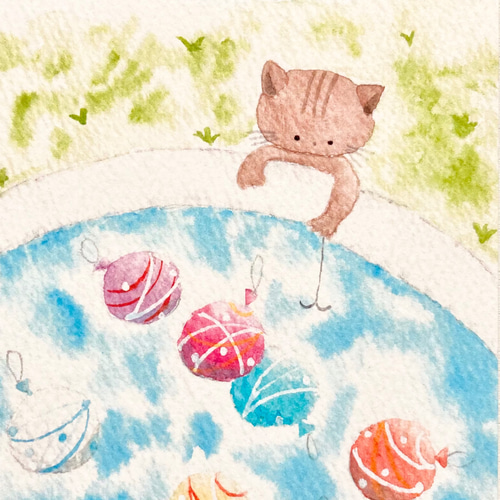 3枚セット「猫ちゃんのヨーヨー釣り」水彩画イラストポスト