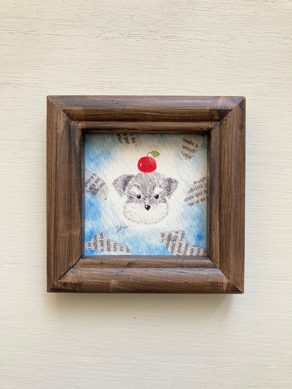 「ミニチュアシュナウザー」北欧水彩画イラスト　ミニ額　犬　りんご　リンゴ 1枚目の画像