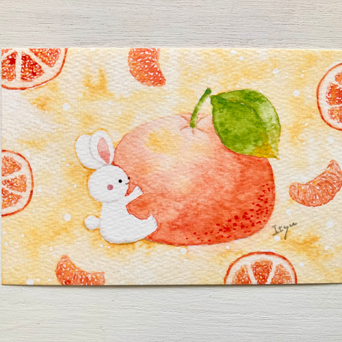 3枚セット「あま〜いミカン」水彩画イラストポストカード うさぎ