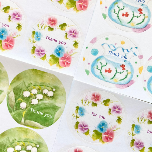 水彩画イラストシール」丸シール48枚 サンキューシール ラッピング 夏
