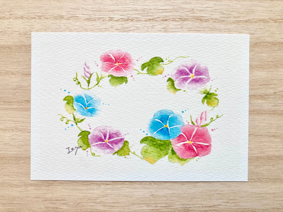 3枚セット「朝顔リース」水彩画イラストポストカード　暑中見舞い　残暑見舞い　花　フラワー　アサガオ　夏　バースデー 1枚目の画像