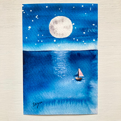 3枚セット「満月の夜の海」北欧水彩画イラストポストカード　月　ヨット　星空　夏　暑中見舞い　残暑見舞い　縁起物 1枚目の画像