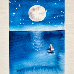 3枚セット「満月の夜の海」北欧水彩画イラストポストカード　月　ヨット　星空　夏　暑中見舞い　残暑見舞い　縁起物 3枚目の画像