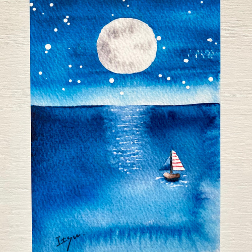 3枚セット「満月の夜の海」北欧水彩画イラストポストカード 月 ヨット