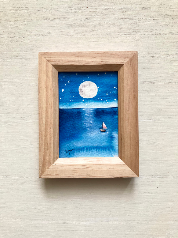 「満月の夜の海」北欧水彩画イラスト　ミニ額　月　星空　星　ヨット　 3枚目の画像