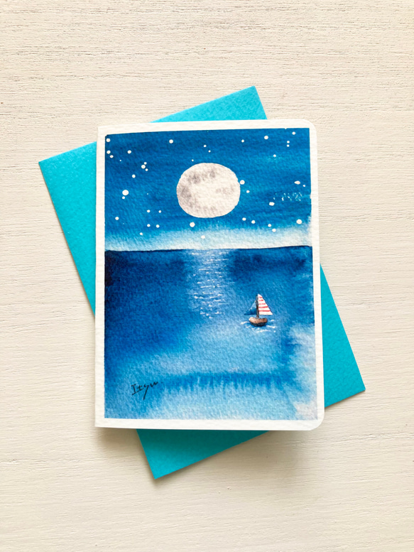 2枚セット「満月の夜の海」北欧水彩画イラスト　ミニカード　バースデーカード　暑中見舞い　残暑見舞い　月　夜空　星空　夏 1枚目の画像