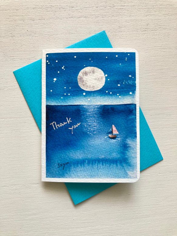 2枚セット「満月の夜の海」北欧水彩画イラスト　ミニカード　バースデーカード　暑中見舞い　残暑見舞い　月　夜空　星空　夏 2枚目の画像