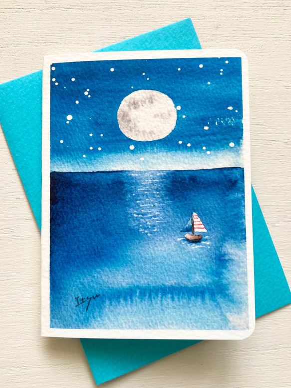 2枚セット「満月の夜の海」北欧水彩画イラスト　ミニカード　バースデーカード　暑中見舞い　残暑見舞い　月　夜空　星空　夏 3枚目の画像