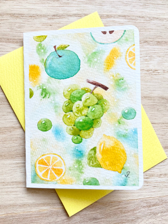 2枚セット「爽やかフルーツ」北欧水彩画イラスト　ミニカード　暑中見舞い　バースデーカード　残暑見舞い　リンゴ　レモン　 2枚目の画像