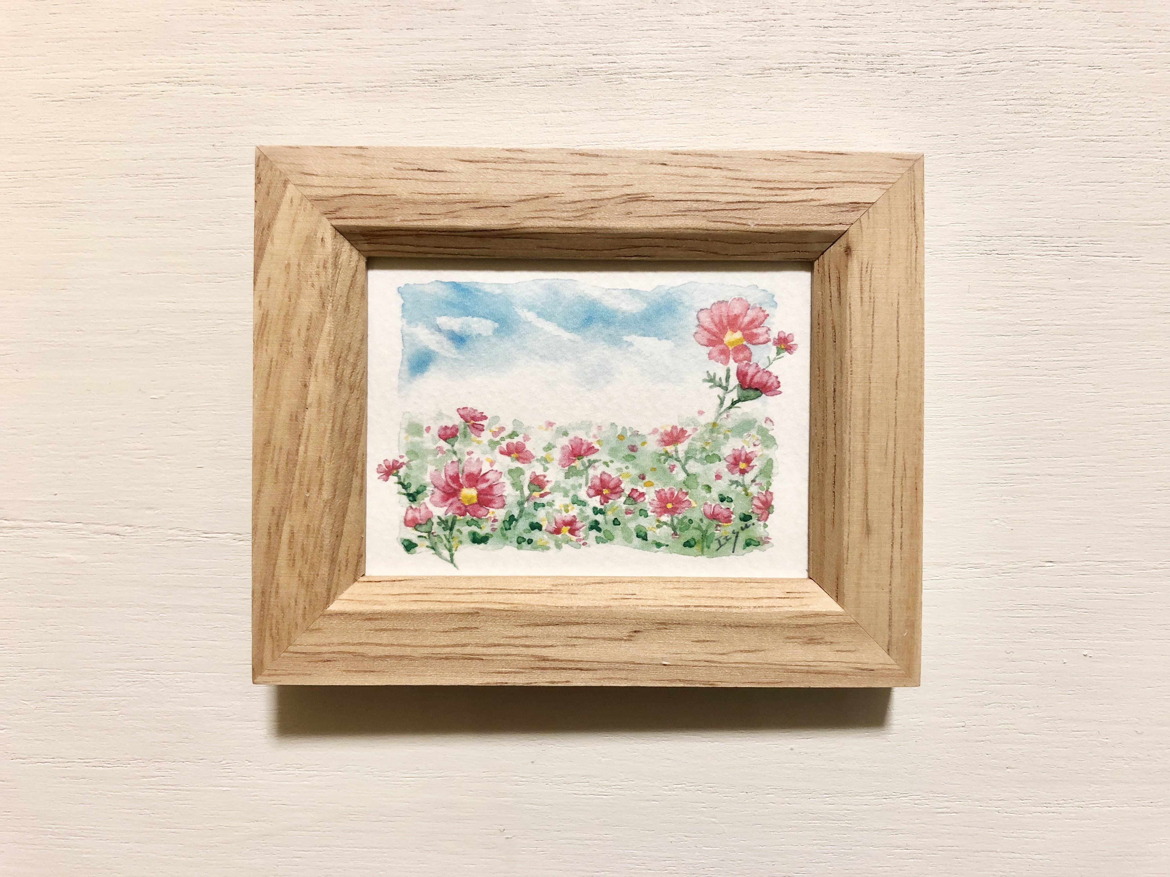 作家物【コスモス水彩画】瑞々しい摘みたてのコスモス♪作家物、額装付き 作家物【コスモス水彩画】瑞々しい摘みたてのコスモス♪作家物、額装