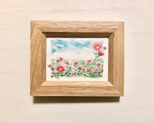 作家物【コスモス水彩画】瑞々しい摘みたてのコスモス♪作家物、額装付き 0_c6764d1385a3c8153aa431851592
