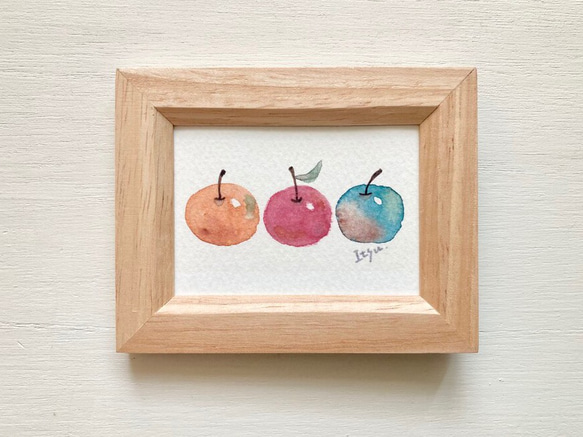 「ほっこりりんご」北欧水彩画イラスト　ミニ額　プチギフト  リンゴ　フルーツ　果物　敬老の日 1枚目の画像