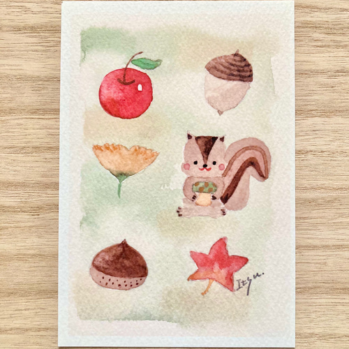 水彩画 リスのひょっこりはん 水彩画 リスのひょっこりはん