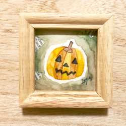「ハロウィンかぼちゃ(イエロー)」北欧水彩画イラスト　ミニ額　ハロウィン　カボチャ　プチギフト 1枚目の画像