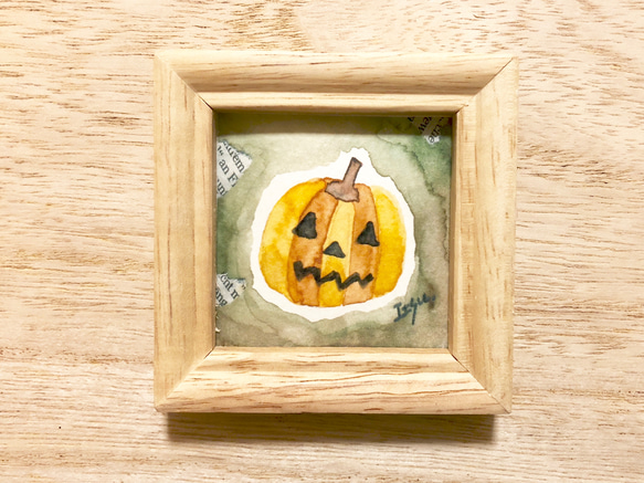 「ハロウィンかぼちゃ(イエロー)」北欧水彩画イラスト　ミニ額　ハロウィン　カボチャ　プチギフト 1枚目の画像