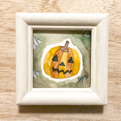 「ハロウィンかぼちゃ(イエロー)」北欧水彩画イラスト　ミニ額　ハロウィン　カボチャ　プチギフト 2枚目の画像