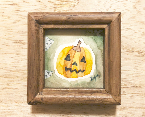 「ハロウィンかぼちゃ(イエロー)」北欧水彩画イラスト　ミニ額　ハロウィン　カボチャ　プチギフト 3枚目の画像